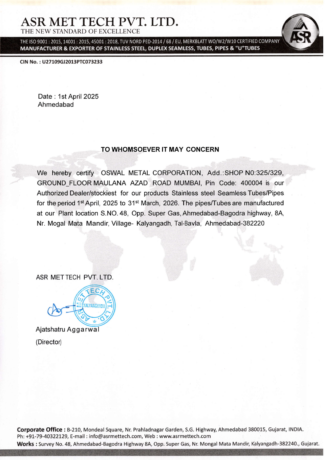 ASR Met Tech authorization letter
