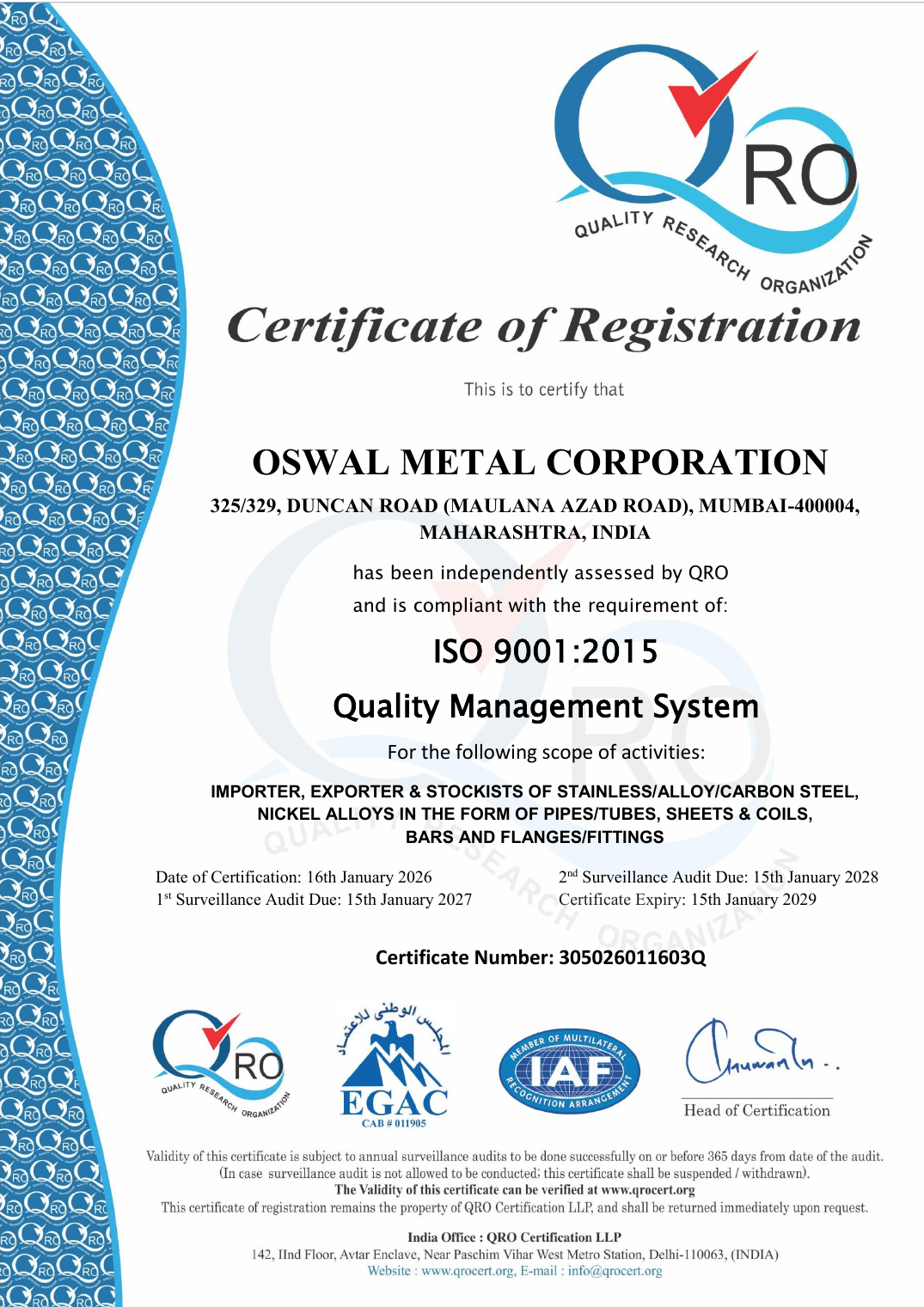 Oswal Metal Corporation ISO 9001:2015 certificate