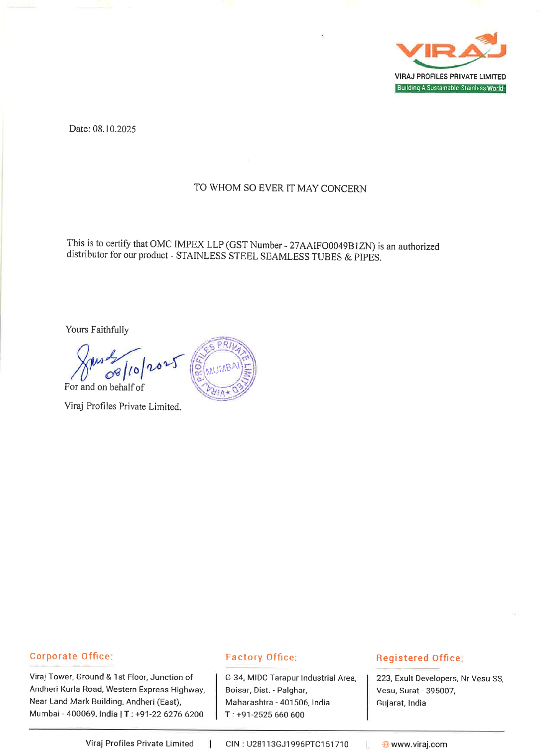 Viraj Profiles Dealership Certificate issued to OMC IMPEX LLP